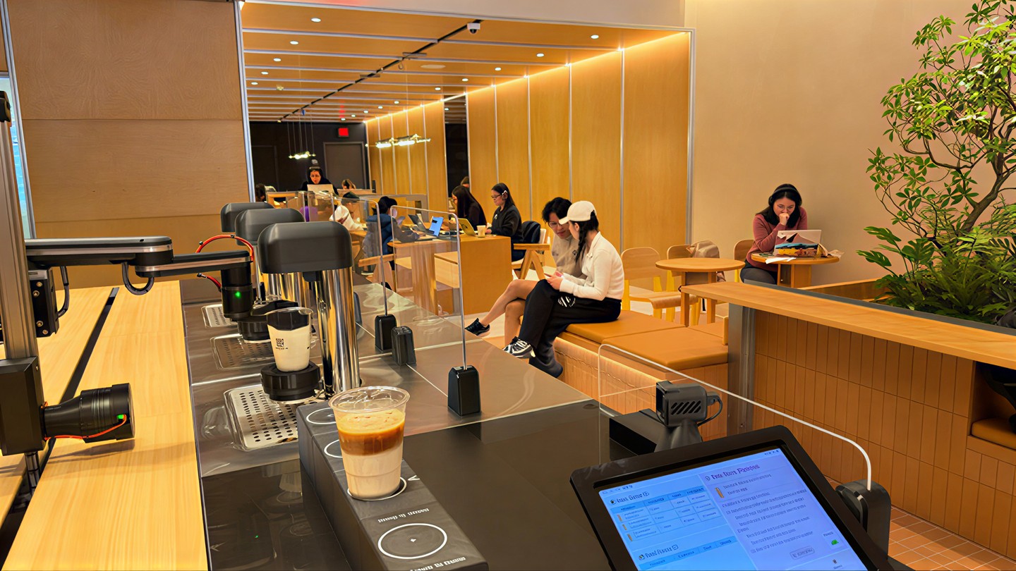 Robot arm on the store bar beside a filled cup and an order screen, customers seated behind the glass, warm light